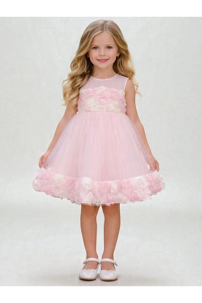 Ugly Duck Flowered Evening Dress for Ages 1-3 - Pink / Cotton Lined, Tulle, F...