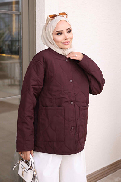 İmajButik Mürdüm Cepli Kapitone Çıtçıtlı Mont