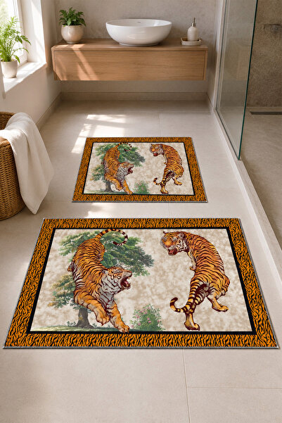 DEKOMOD Decorative Digital Printed Set of 2 Bath Mat Non-Slip Base Toilet Set