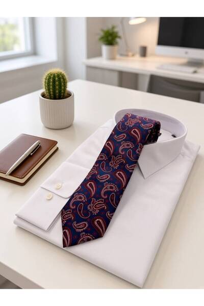 Sarar Microfiber 8 cm Şal Desen Lacivert-Bordo Kravat