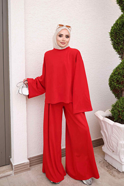 İmajButik Kırmızı Salaş Sweat Pantolonlu Oys Takım