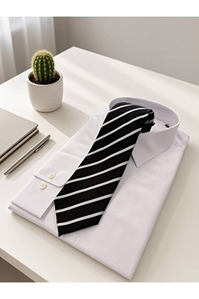 Sarar Microfiber 8 cm Çizgili Siyah-Beyaz Kravat