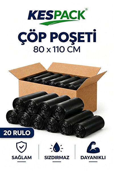 KESPACK Çöp Poşeti 80x110 Jumbo Boy 20 Rulo 200 Adet Kalın Siyah Çöp Torbası