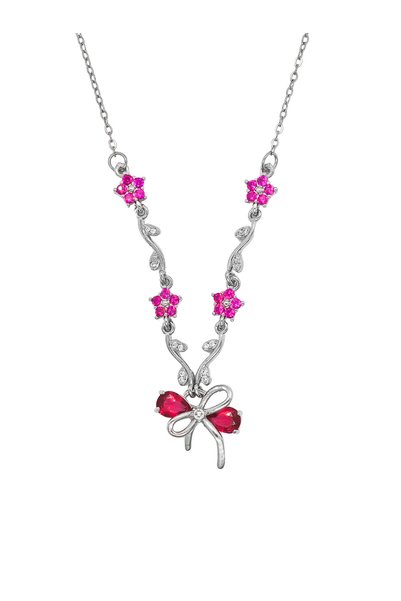Duiwerlis Women's Silver Color Flower Bow Detailed Zircon Stone Elegant Neckl...