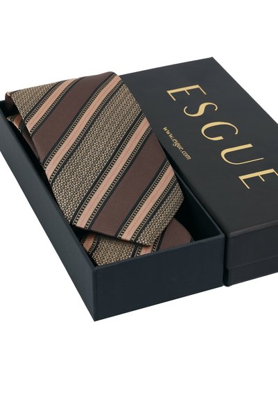 Esgue Hand Made 8 cm Striped Pattern Coffee Beige Color Tie with Handkerchief