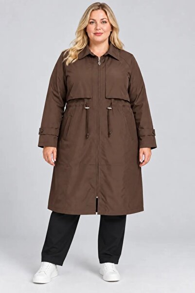 hazelin Women's Plus Size Brown Zippered Collared Waist Gathered Pocket Trenc...