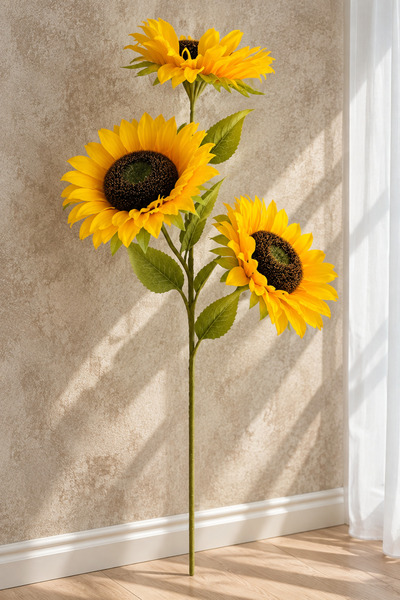 Happyland Yapay Çiçek 3 Başlı Büyük Ayçiçeği Dalı Dekoratif Vazo Çiçeği 90 cm...