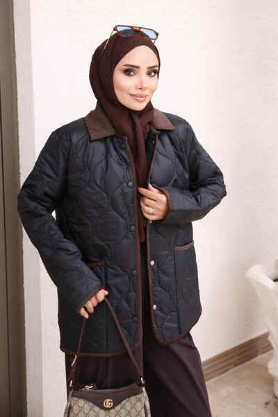 İmajButik Black Pocketed Quilted Snap Button Coat