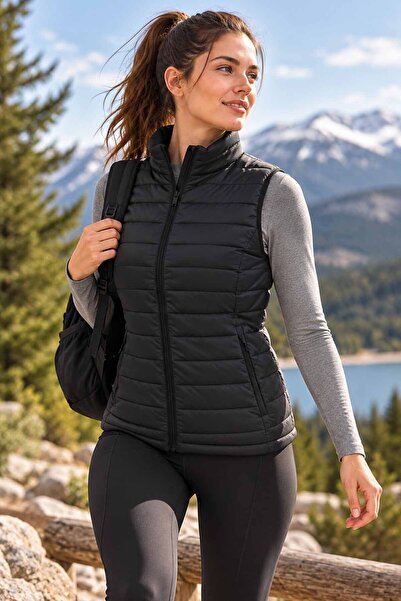 lumberjack Women's Black Sports Vest Quilted Lightweight Zippered Casual Model