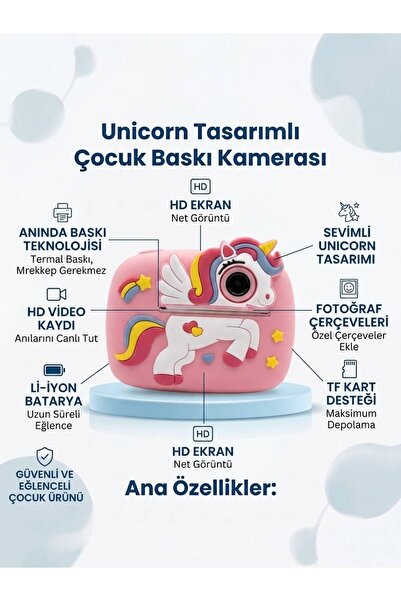 NovMark Unicorn Tasarımlı Mini Dijital Fotoğraf Makinesi-Anında Termal Baskıl...