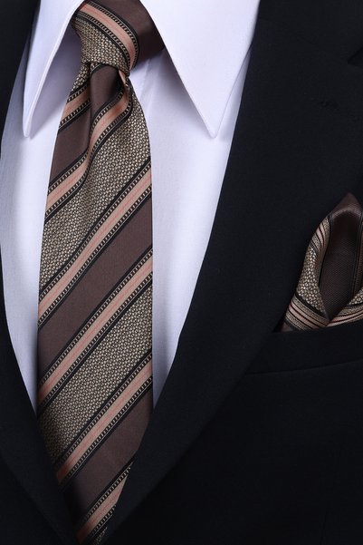 Esgue Hand Made 8 cm Striped Pattern Coffee Beige Color Tie with Handkerchief
