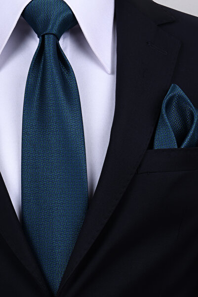 Esgue Hand Made 8 cm Small Patterned Petrol Color Handkerchief Tie