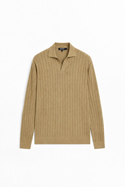 Danger Men's Polo Neck Ribbed Knit Sweater Beige