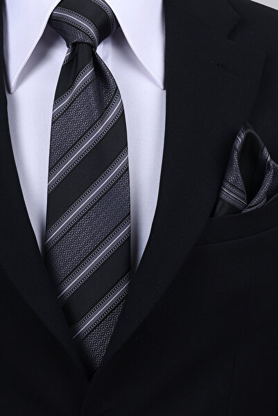 Esgue Hand Made 8 cm Striped Pattern Black Gray Color Handkerchief Tie