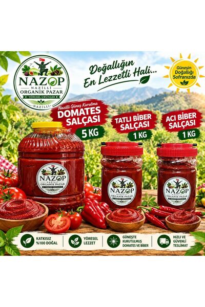 Nazop Domates Salçası Nazilli Güneş Kurutma 5 Kg.+1 Kg. Acı Biber Salçası + 1...