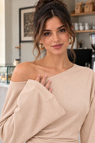 COMBİNE MİCHAİL Women's Open Collar Spanish Sleeve Beige Blouse
