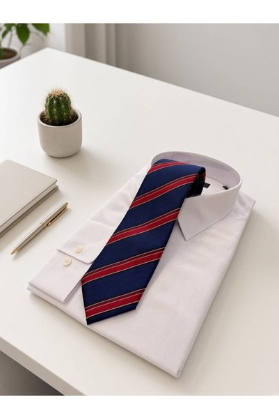 Sarar Microfiber 8 cm Çizgili Lacivert-Kırmız Kravat