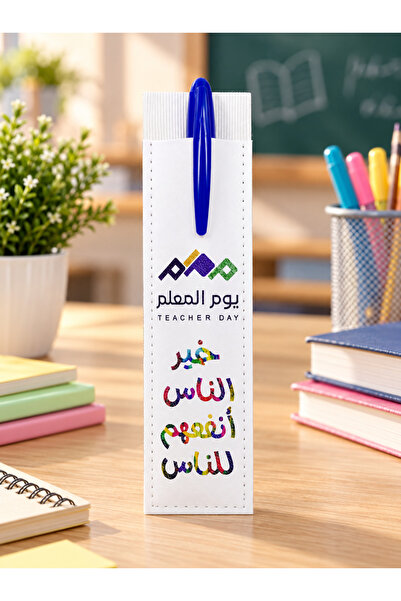 Generic مجموعة هدايا حامل أقلام جلدي ليوم المعلم مع أقلام زرقاء، عبوة من 6 قط...