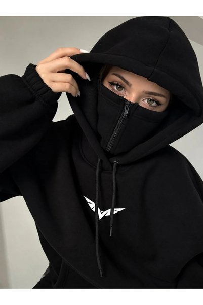 HAI COLLECTİON Kadın Hoodie Oversize Kapüşonlu Yüz Kapatmalı Cepli 3 İplik Sw...