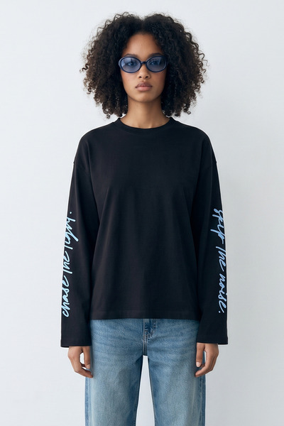 Eazy Co EAZY Unisex Oversize Μακρυμάνικο T-Shirt 100% Βαμβακερό Μαύρο με στάμ...