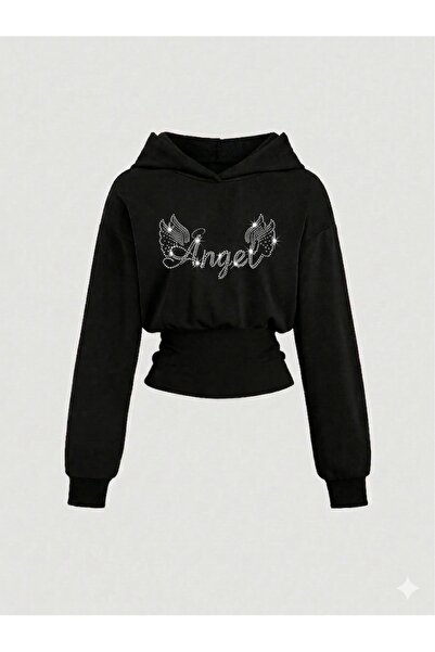 Rue Lora Butik Kadın Oversize Kristal Taş Baskılı Kısa Kapüşonlu Crop Sweatshirt