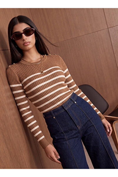 FAV Basic Striped Cable Knit Sweater with Button Trim