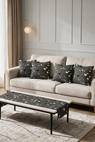 LadiesHome Black Terrazzo Mosaic Stone Double-Sided Printed Suede 5-Piece Liv...