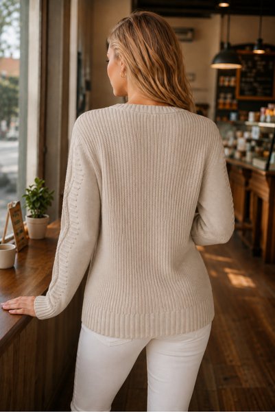 TRQOM Women's Crew Neck Long Sleeve Thessaloniki Sleeve Hair Braided Twill Stylish Elegant Soft Textured Casual Mink Knitwear Sweater