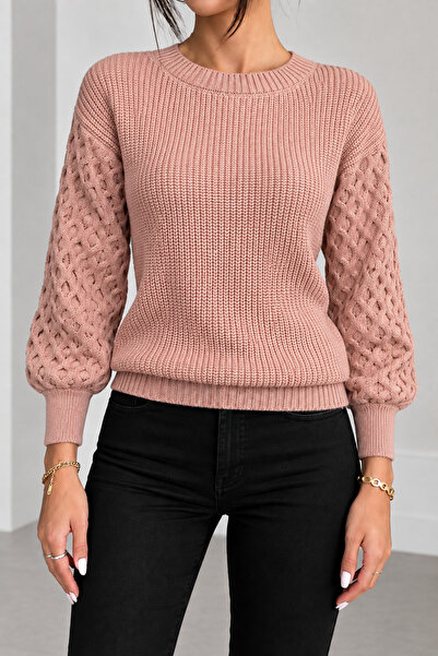 hanope Women's Crew Neck Long Sleeve Balloon Sleeve Hair Braided Powder Knitw...