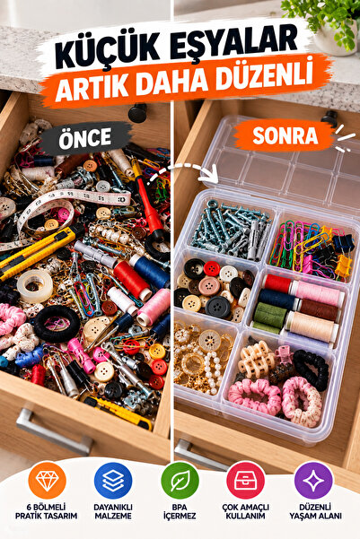 grimorlife 6 Bölmeli Plastik Organizer Düzenleyici Kutu – Takı, Makyaj, Aksesuar ve Çekmece İçi Düzenleyici