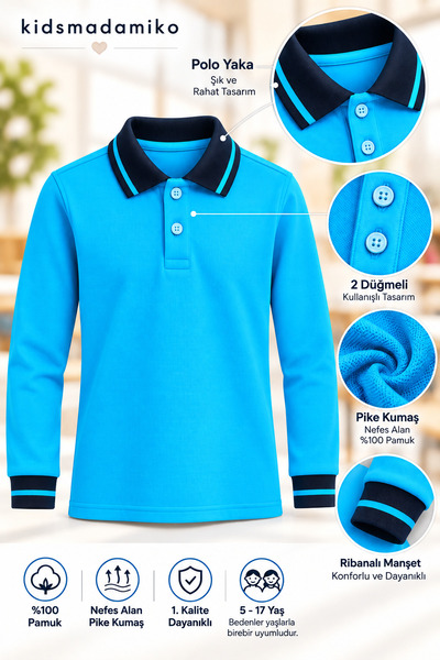Kidsmadamiko Unisex Çocuk Uzun Kollu Polo Yaka %100 Pamuk Pike Okul Tişörtü 5-17 Yaş Turkuaz