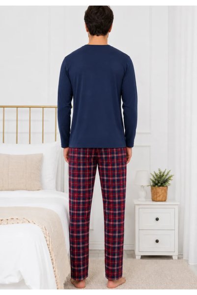 TOSKI Pijama Bărbați Lejeră – Bluză Albastru Închis și Pantalon Carouri Roșu/Bleumarin