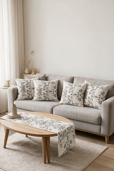 LadiesHome Gray Floral Patterned Double-Sided Printed Suede 5-Piece Living Ro...