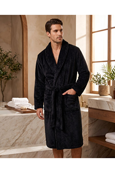 MEYHOME Wellsoft Şalyaka Unisex Sabahlık (Zik-zak desen) Siyah