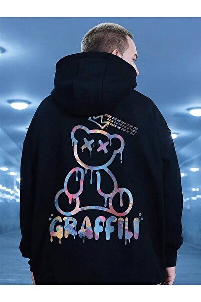 Minga London Hanorac negru oversize cu glugă, cu imprimeu grafic pe spate cu urs