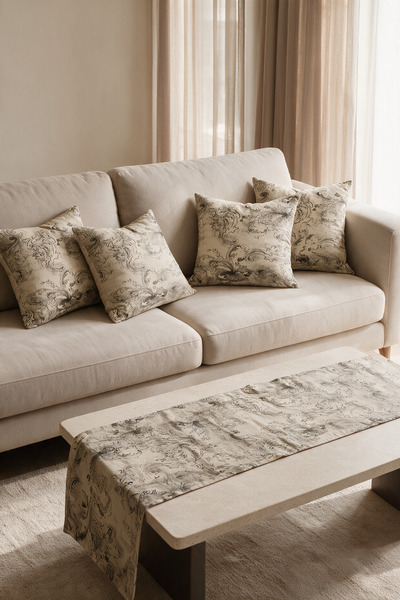 LadiesHome Beige Baroque Patterned Double-Sided Printed Suede 5-Piece Living ...
