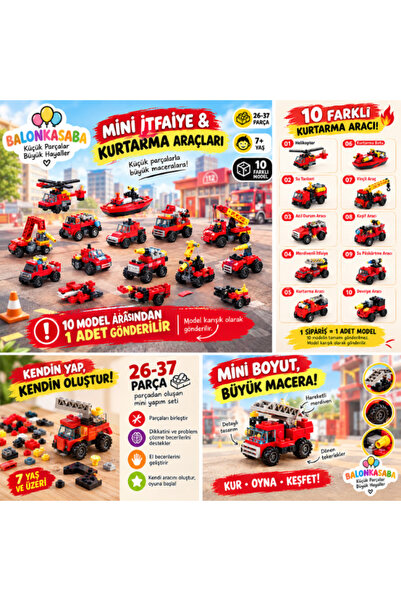 BalonKasaba Mini İtfaiye ve Kurtarma Araçları Yapım Seti 26-37 Parça – 10 Far...