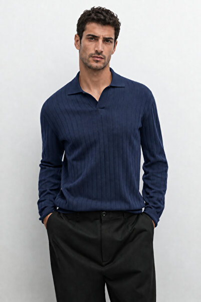 Danger Men's Polo Neck Ribbed Knit Sweater Navy Blue