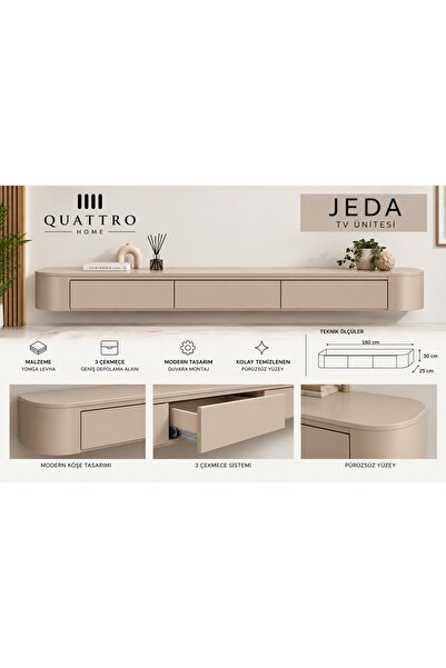 QUATTRO HOME Jeda Duvara Monte TV Ünitesi 180 cm 3 Çekmeceli Modern Bej TV Se...