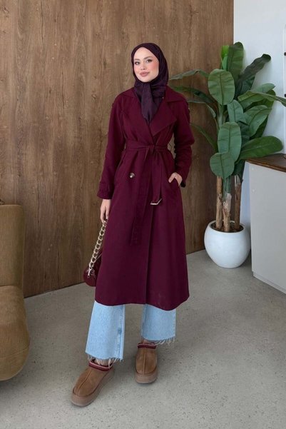Şule Giyim Mest Buckle Trench Coat Burgundy