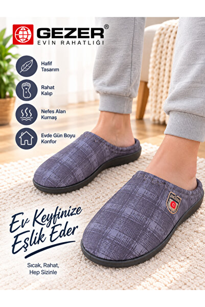 GEZER Erkek Kışlık Ev Terliği Gri Füme Desenli Yıkanabilir Hafif Taban Kapalı...