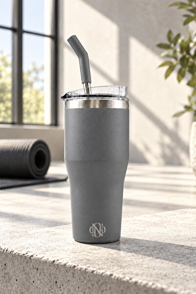 Nehir Jason Gray Stainless Steel 0.7 Liter Thermos with Straw