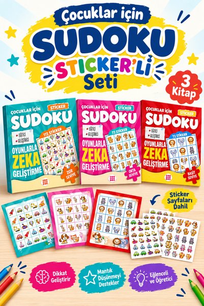 dokuzyayinlari Çocuklar için Sudoku - Sticker İçerikli Basit - Orta - Zor 3 Kitap