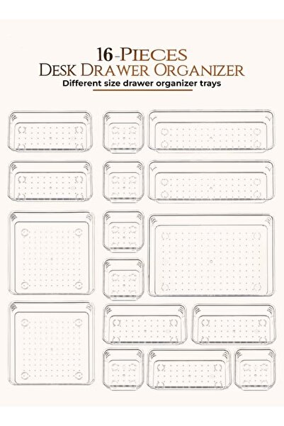 zeetwo 16-Piece Clear Plastic Drawer Organizer Trays, Makeup Vanity Kitchen Storage Bins