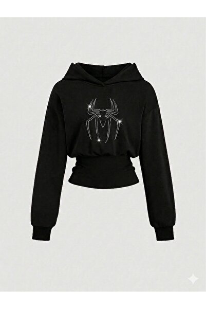 Rue Lora Butik Kadın Oversize Kristal Taş Baskılı Kısa Kapüşonlu Crop Sweatshirt