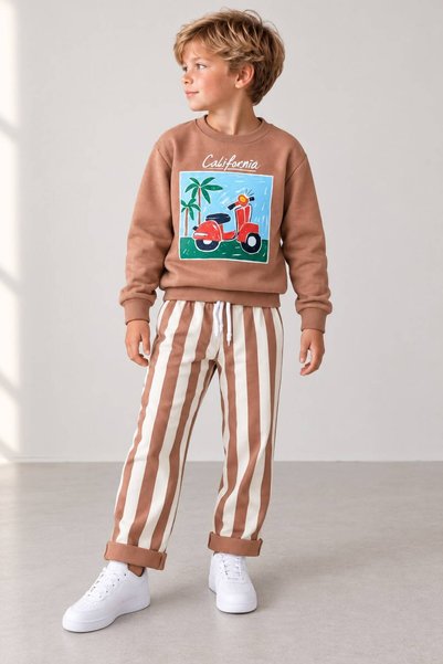 YİGİT BUTİK Erkek Çocuk Scooter Baskılı Sweatshirt Çizgili Pantolon Alt Üst Takım