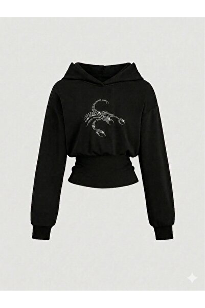 Rue Lora Butik Kadın Oversize Kristal Taş Baskılı Kısa Kapüşonlu Crop Sweatshirt