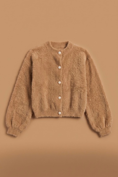 Piedra Pearl Button Women's Crew Neck Balloon Sleeve Bearded Soft Cardigan