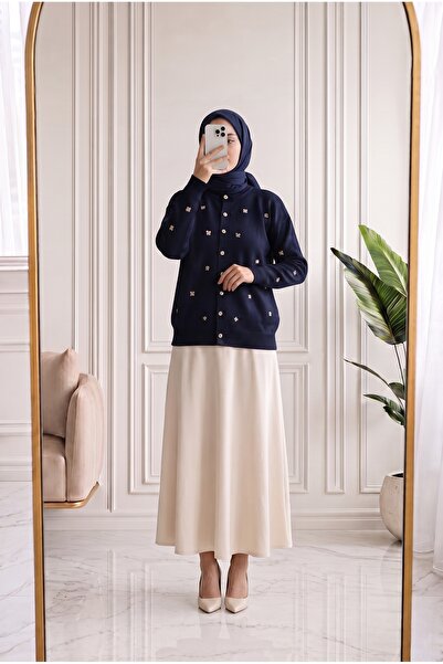 MİHRA STORE Dilnaz Blumenbestickter Strick-Cardigan mit goldenen Knöpfen-SY33...