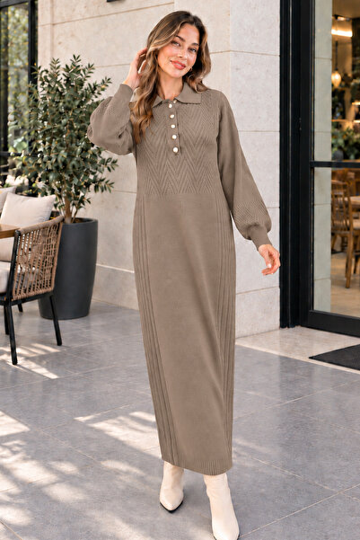 benguen Collared Buttoned Knitwear Dress K3072 Mink